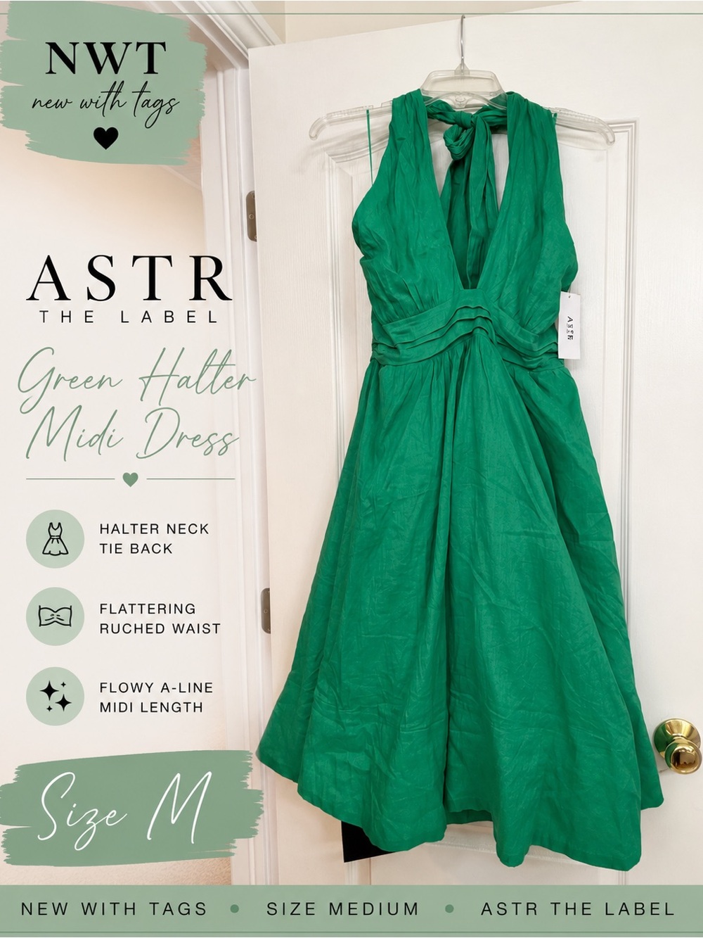 NWT ASTR The Label Emerald Green Halter Midi Dress Size Medium